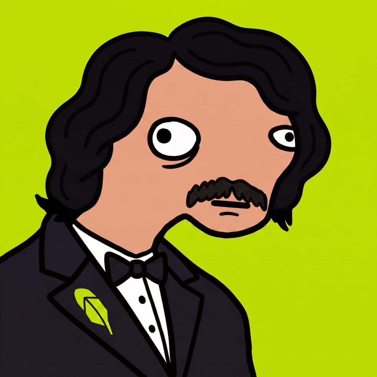 Baijo Bhott mascot — cartoon character with long dark hair and mustache in a tuxedo
